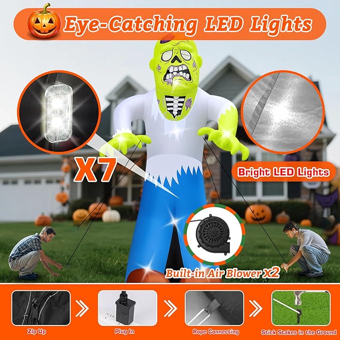 Halloween Inflatables Ghost Decorations Outdoor - 20FT Extra Large Horror Green Zombie Halloween Blow up Yard Decorations with LED Build-in for Garden Lawn Indoor Party Decor