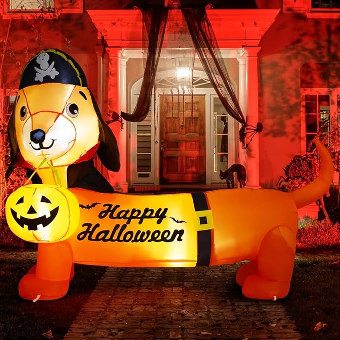 GOOSH 5 FT Halloween Inflatables Outdoor Decorations - Halloween Dog Blow Up Dachshund Inflatable with Build-in LEDs Pumpkin for Decpr Party Indoor Outdoor Yard Garden Lawn