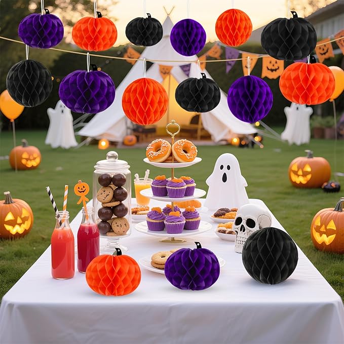 15Pcs Halloween Honeycomb Decorations, Orange Purple Black Pumpkin Paper Honeycomb Balls Halloween Hanging Ornaments for Party Favor Supplies