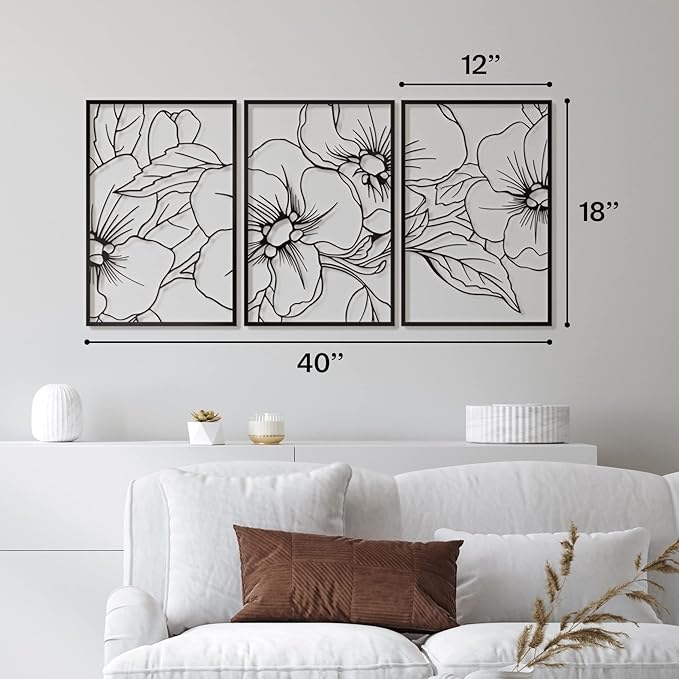 Vivegate Black Minimalist Floral Single Line Metal Wall Art Decor - 18"X12" 3 Packs Black Floral Abstract Minimalist Lines Wall signs for Hanging home wall decor