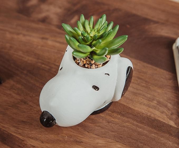 Peanuts Snoopy Face Ceramic Mini Planter with Artificial Succulent | Small Flower Pot, Faux Indoor Plants for Desk Shelf, Home Decor Trinket Tray | Cute Charlie Brown Gifts and Collectibles