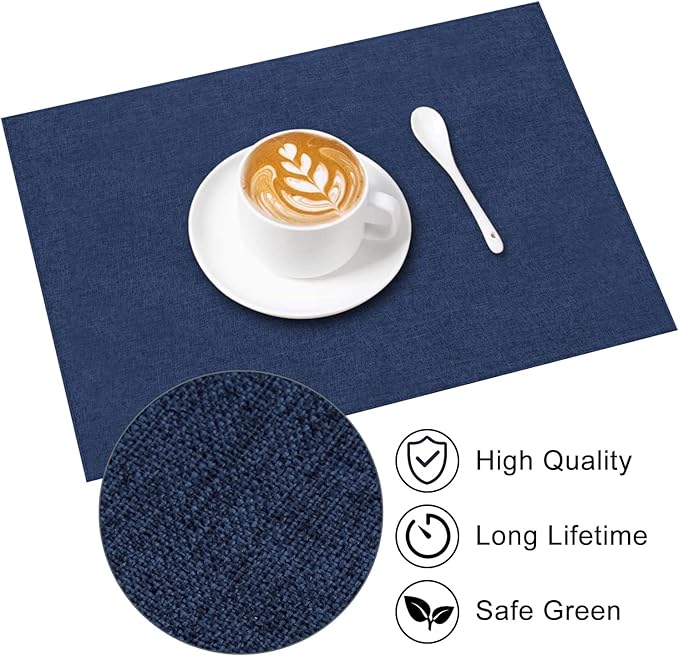 Cloth Placemats Set of 6, Cotton Linen Blend Machine Washable Durable Linen Table Mats, Heat Resistant Placemats Wrinkle Free Place Mats for Dining Table, Easy to Clean (Navy Blue, 6)