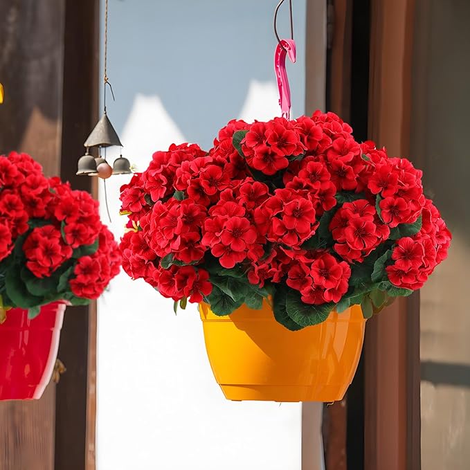 Hananona 24 Pcs Artificial Geranium Flowers for Outdoors Geranium Silk Flowers Outdoor UV Resistant Garden Plants Faux Flowers for Home Kitchen Table Centerpieces Decor (24, Red)