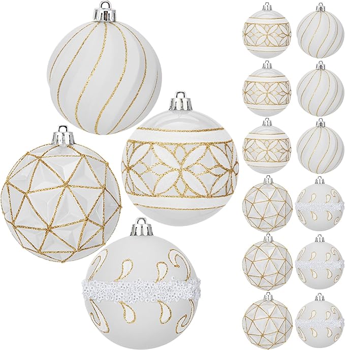 12pcs White Christmas Ornaments Balls 3.14 inch Glitter Hanging Christmas Tree Ornaments Set for Christmas Decorations Hand Painted Shatterproof Christmas Baubles for Xmas Holiday Party Decor