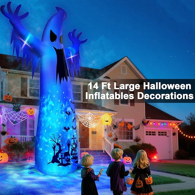 14 Ft Giant Halloween Inflatable Ghost Decorations Outdoor with 3 Colored Rotating Flame LED Changing Red Blue Green Lights, Scary Ghosts Blow Up Halloween Decor for Garden Yard Lawn Holiday Party