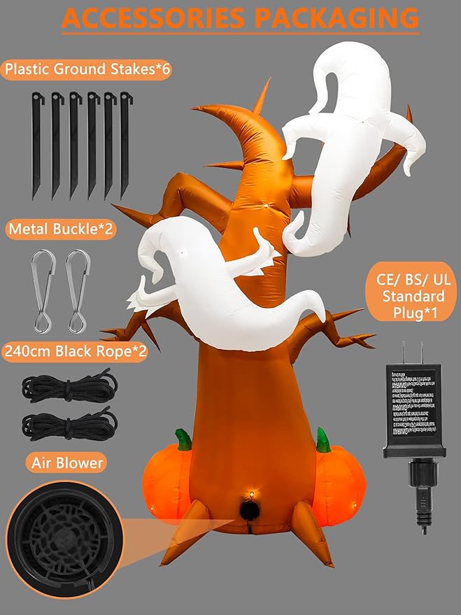 8 Feet Halloween Inflatable Dead Tree with Ghost Pumpkins Kalolary Blow up LED Light Dead Tree for Halloween Outdoor Indoor Holiday Decorations Yard Lawn Decor for Home Family Halloween Party