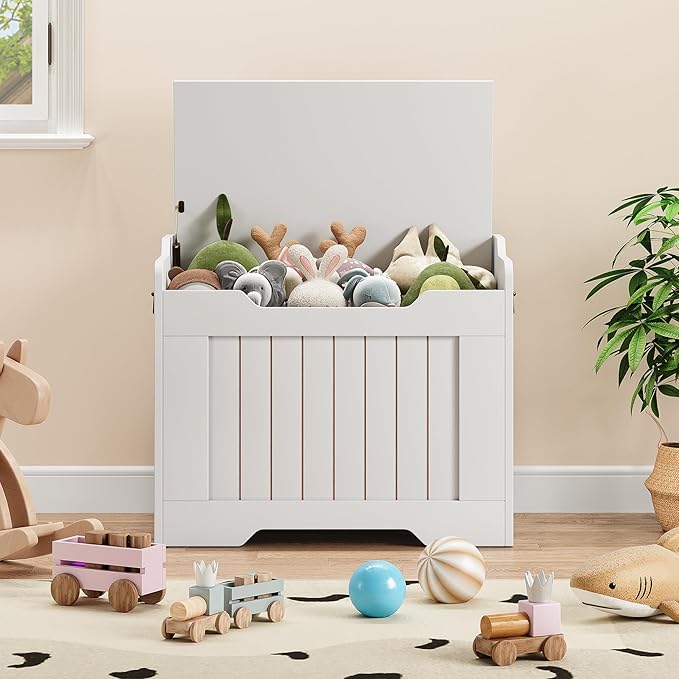 IDEALHOUSE Storage Chest, 24.8" Toy Chest for Boys Girls, Kids Wood Large Toy Box, Storage Bench with Safety Hinge,Storage Trunk for Entryway, Living Room, Bedroom, Playroom, White
