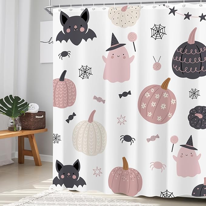 Cute Halloween Shower Curtain 60"X72" Ghost Pumpkin Spooky Funny Girls Shower Curtain Set for Bathroom Kids Cartoon Lovely Waterproof Bathtub Curtain Decor Bat Bathroom Curtain with 12 Hooks