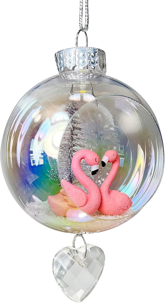 Flamingos Christmas Ornament - Handmade Shatterproof Decorations for Indoor Outdoor Xmas Tree - Clear Ball Ornaments with Magnetic Crystal - Great Gift or Stocking Stuffer for Mom, Sister, Friend