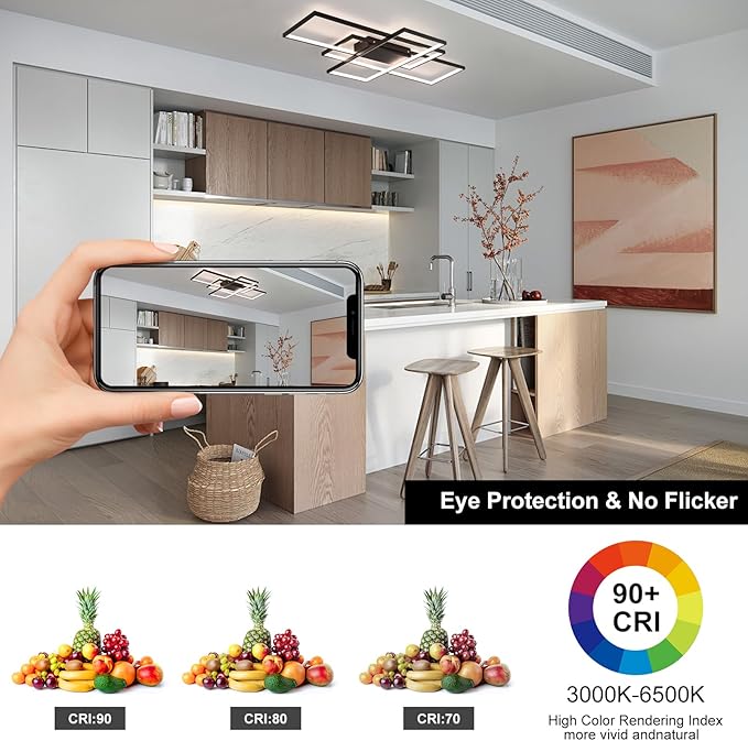 GEADI Modern Large Led Ceiling Light for Living Room,35.4" Black Dimmable Ceiling Lights for Bedroom with Remote Control,3 Rectangular Light Fixtures for Kitchen Dining Room Office, 3000-6500K