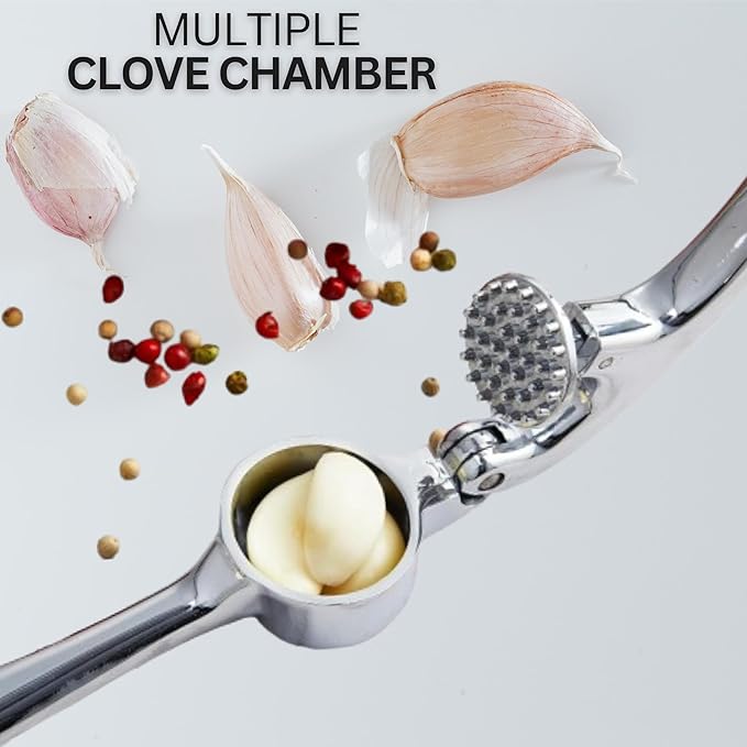 Premium Garlic Press & Herb Scissors Set, Soft & Easy to Squeeze Handle Garlic Press Stainless Steel, Garlic Mincer Tool, Garlic Peeler, Garlic Masher, Crusher & Herb Scissors with 5 Blades and Cover