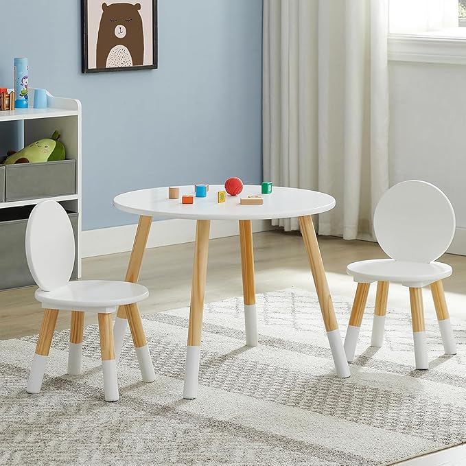 VECELO Kids Table and Chairs 3 Piece Set, Wooden Children Activity Furniture for Playroom and Classroom, Easy Assembly, White