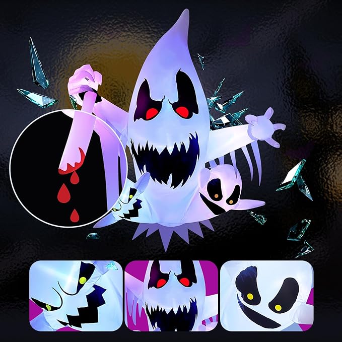 4FT Halloween Inflatable Decoration 3 Ghost Break Through Out From Window, Halloween Inflatable Decor Indoor Outdoor Lawn Yard Decoration, Halloween Build-in RBG LED Lighted Blow Up Decoration