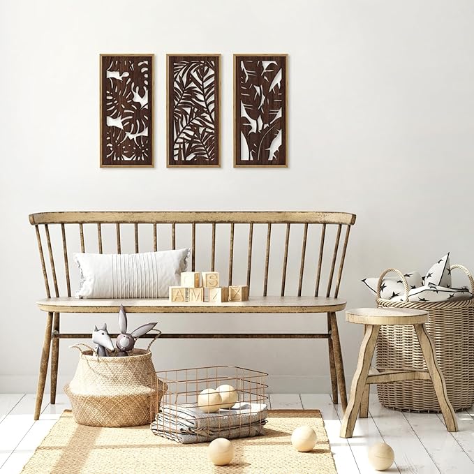 HPNIUB 3PCS Tropical Wall Decor, Rustic Palm Leaf Wooden Sign for Bathroom, Vintage Leaf Plant Hanging Wood Plaque Wall Art Nature Picture for Home Office Living Room Decoration(8x16Inch)