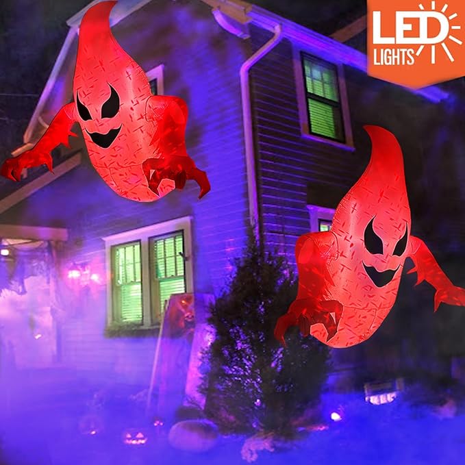 5FT Halloween Inflatable Decoration Ghost Broke Out from Window, Spooky Blow-up Inflatable Ghost Decor with Build-in LED Rotating Fire Flame Lights for Halloween Party, Outdoor, Yard, Garden, Lawn