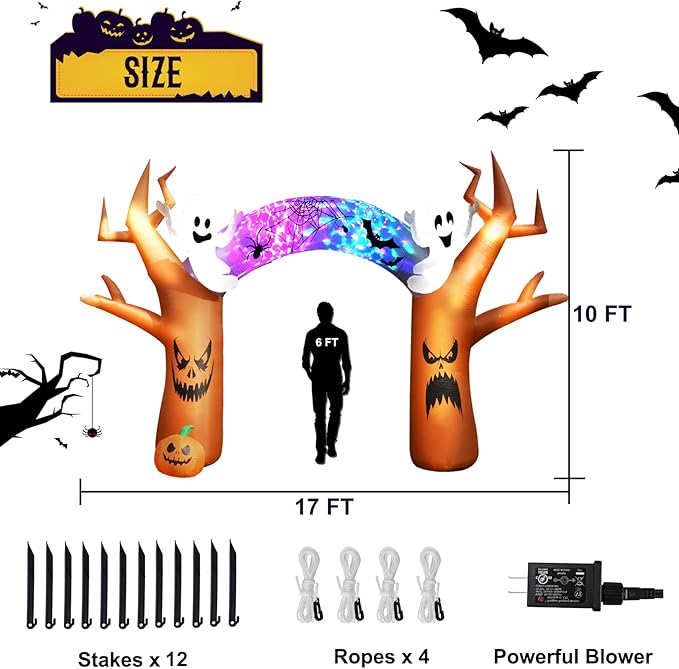 17 FT Halloween Inflatables Outdoor Yard Decorations, Spooky Light-Up Blow Ups Inflatable Halloween Outside Decor, Ghost, Pumpkin, Witch, Castle, Tree Archway Inflatable (Ghost Arch Inflatables)