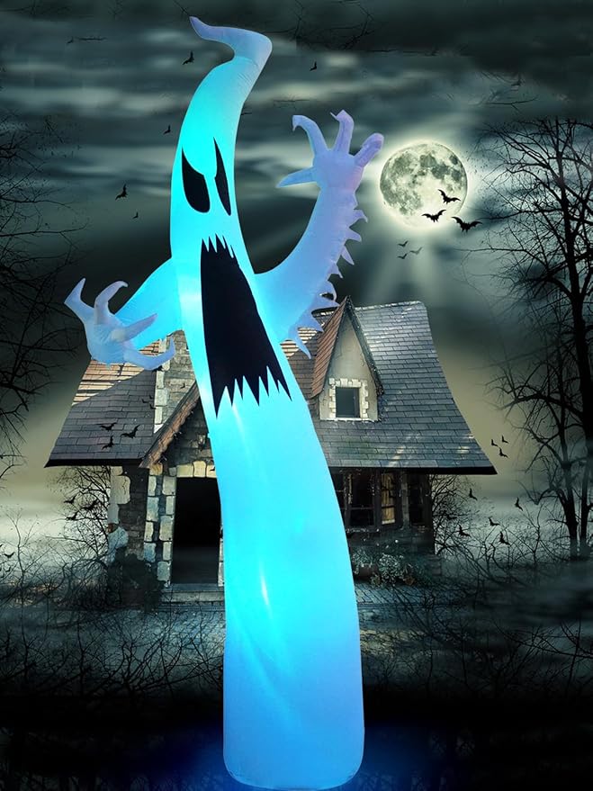 Kalolary 12FT Halloween Inflatables Scary Ghost Color Flashing Blow Up Skeleton Ghost, Outdoor Yard Inflatable Decoration with Multi-Colored LED Lights