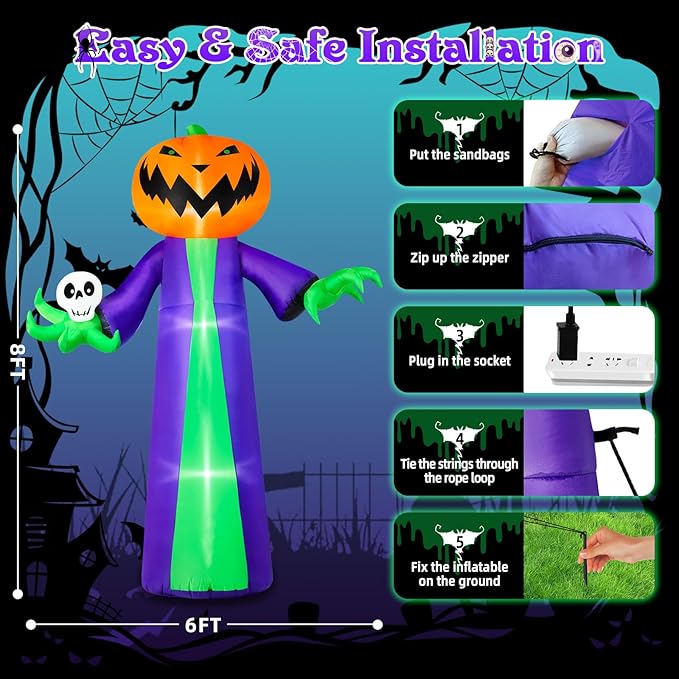 B&D 8FT Halloween Inflatables Outdoor Decorations, Inflatable Pumpkin Reaper Halloween Decorations Holds Skull Blow Up Yard Decoration Built-in Blue LED Disco Light for Holiday Party Garden Lawn Decor
