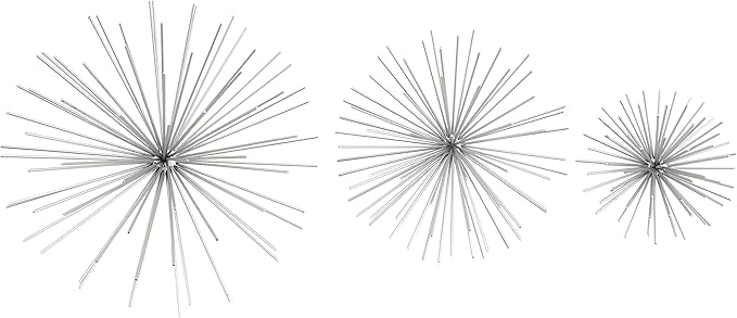CosmoLiving by Cosmopolitan Metal Starburst Home Wall Decor 3D Wall Sculpture, Set of 3 Wall Art 6", 9", 11"W, Silver
