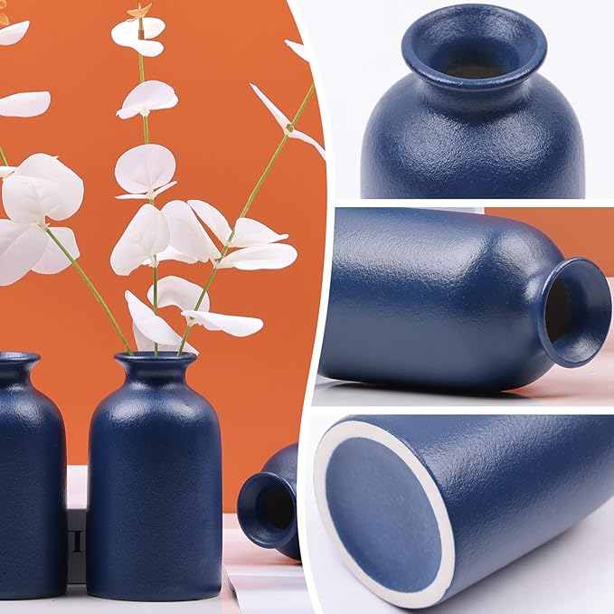 Blue Vase for Decor, Blue Ceramic Bud Vase Set of 6, Modern Boho Small Vases, Table Centerpieces for Dining Room, Home, Office, Shelf Decor
