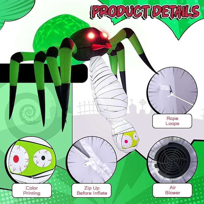 7FT Halloween Inflatables Spider Outdoor Decorations, Large Halloween Blow Up Yard Decorations with Mummy and Green LED Light, Scary Inflatable Decor for Eaves Cobweb Window Yard Lawn