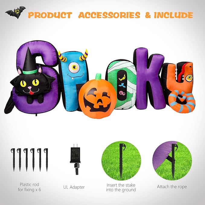 MUMTOP 8.85 Ft Long Inflatable Outdoor Halloween Decoration, Inflatables Spooky Sign with Black Cat Halloween Pumpkin Decorations Blow Up with Built-in LED Lights for Yard Party Holiday Garden Decor