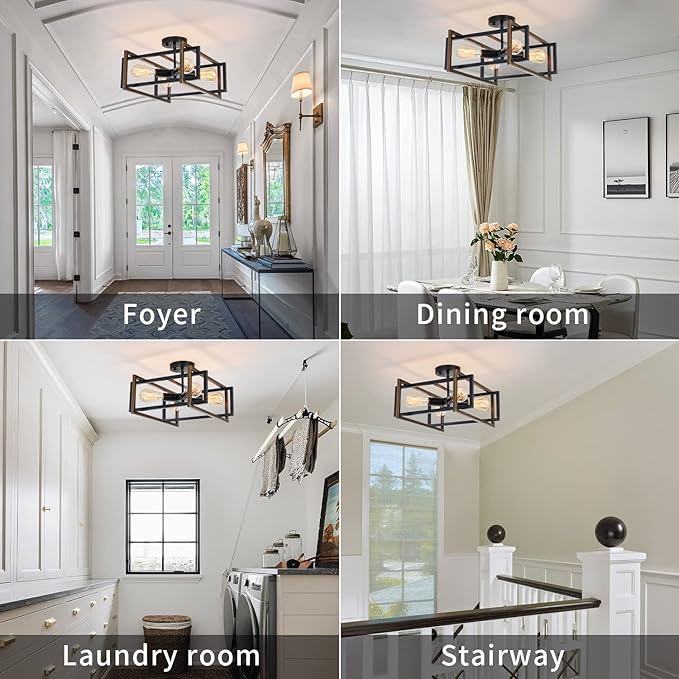 Industrial Flush Mount Ceiling Light Fixture, 4-Light Modern Metal Square Farmhouse Black Retro Close to Ceiling Lights Sloped Chandelier Lighting for Bedroom Hallway Living Room Kitchen Foyer
