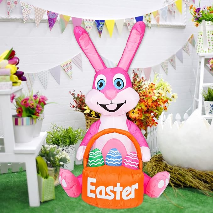 4FT Easter Inflatable Bunny with Egg Blow up Outdoor Yard Decorations - Built-in LED Lights for Easter, Holiday, Party, Yard, Garden, Lawn