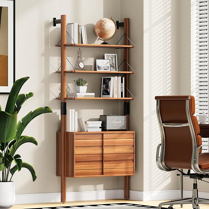 Ladder Bookshelf with Storage Cabinet, Mid Century Modern Bookcase, Wall Mounted Bookshelf with Wood and Metal Frame, 6 Tier Open Display Rack for Living Room, Bedroom, Home Office, Cherry