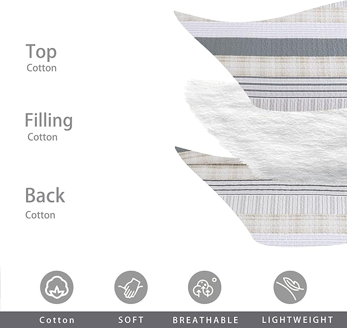 Homzard Twin Quilt, Cotton Comforter Set, Cream Grey Quilt Bedding,Reversible Lightweight Twin Bedspread,2 Pieces
