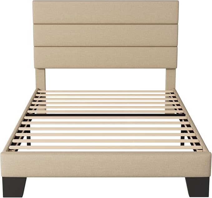Allewie Twin Size Platform Bed Frame with Fabric Upholstered Headboard and Wooden Slats Support, Fully Upholstered Mattress Foundation/No Box Spring Needed/Easy Assembly,Beige