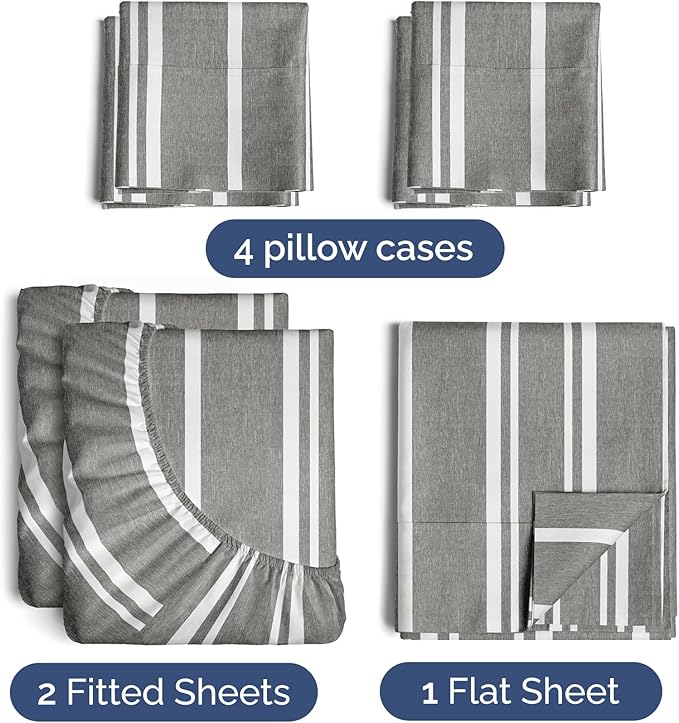CGK Linens Split King 7 Piece Sheet Set - Cooling Sheets for Hot Sleepers - Hotel Luxury Bedding Set w/ 8-16 Inch Deep Pockets - 1 Flat & 2 Fitted & 4 Pillowcases - Soft & Wrinkle Free - Beige Stripes
