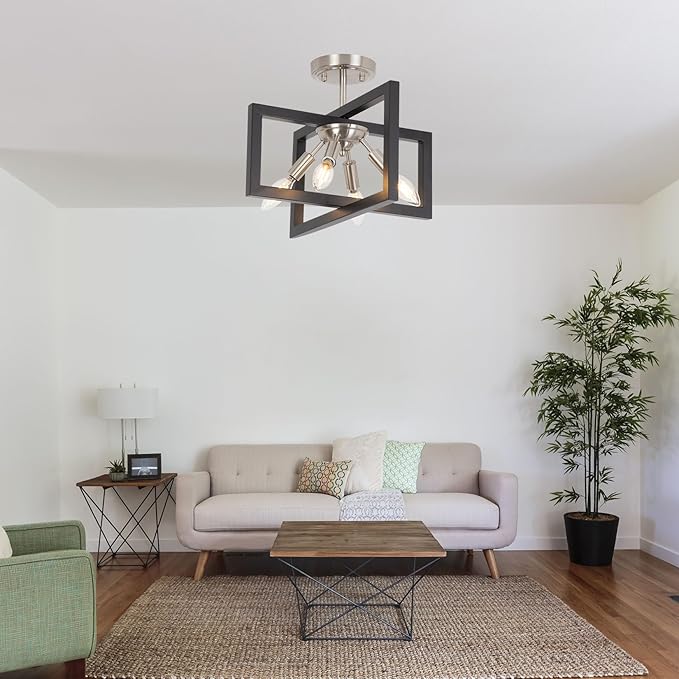 Semi-Flush Mount Ceiling Light - Modern Industrial Light Fixture Black and Brushed Nickel Chandelier,4-Light Farmhouse Ceiling Lamp for Kitchen Foyer Entryway Hallway Bedroom Closet