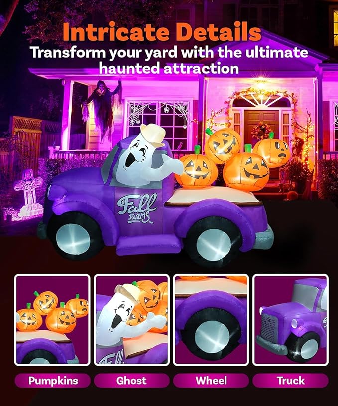 7.5FT Length Halloween Inflatable Hayride Truck with Ghost & 4 Halloween Pumpkins Decoration, Halloween Blow up Car Inflatable Built-in 10 LEDs for Halloween Inflatables Outdoor Decoration