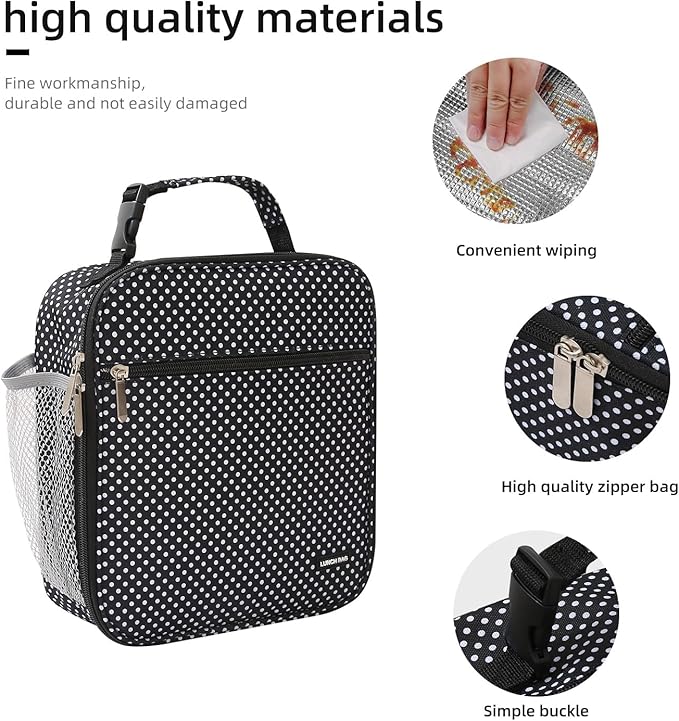 Lunch box Lunch bag for men women Insulated Lunchbox Lunch bags for Work Picnic Travel (Black polka dot)