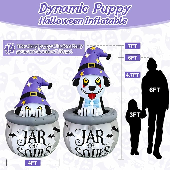 Kalolary 7FT Halloween Inflatables Animated Puppy Dog with Music, Witch Cauldron Halloween Blow Up Yard Decoration with Built-in LEDs for Indoor Outdoor Holiday Party Garden Lawn Decor