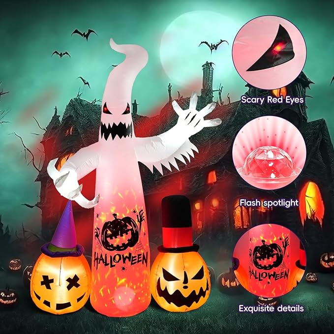 8 Ft Halloween Decoration Outdoor Inflatables, Ghost Ghost and 2 Pumpkin with Built-in LED, Halloween Blow Up Yard Decorations Light, Inflatables Decor for Garden Lawn Party Outside