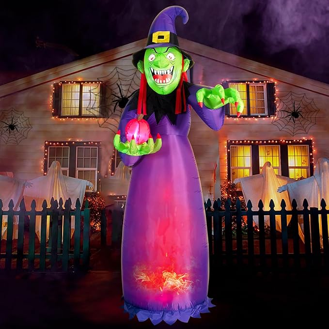 DomKom 10FT Halloween Inflatable Decorations, Blow Up Witch with Built-in LED Magic Flame Lights for Scary Halloween Party Outdoor, Yard, Garden Lawn Holiday Décor