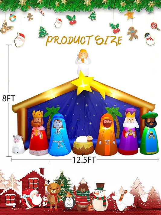 12.5FT Christmas Inflatable Nativity Scene with LED Light, Kalolary Blow up Christmas Outdoor Decoration Giant Xmas Bethlehem Nativity Scene Inflatable for Holiday Family Christmas Party Yard Decor