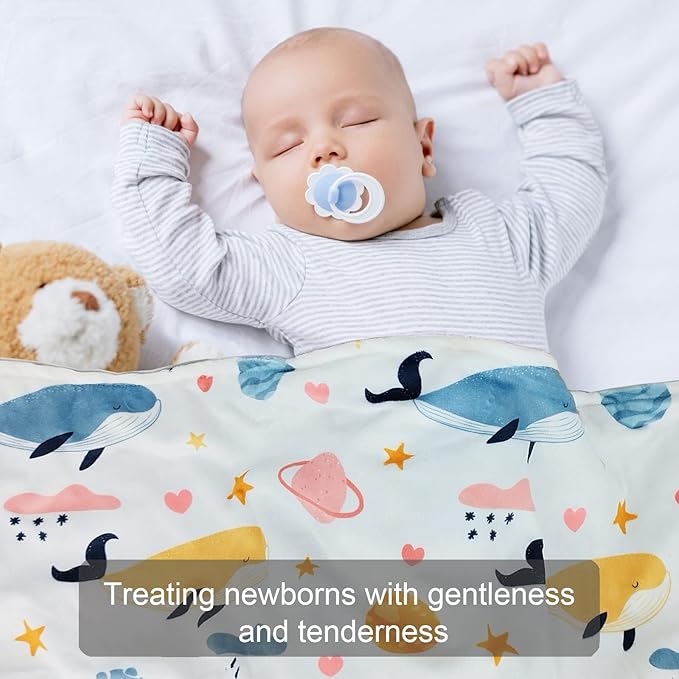 Baby Blanket for Boys Girls (Whales Printed, 30"x40") with Double Layer Dotted Backing Soft Plush Minky Blanket for Toddlers Newborn
