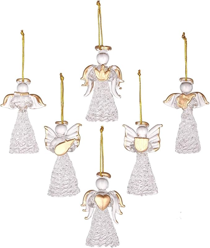 12 Glass Angel Ornaments for Christmas Tree - Clear Mini Hanging Angels