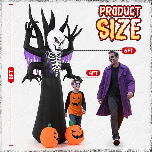 8FT Halloween Tree Inflatable Decoration- Blow Up Yard Skeleton Ghost Tree with 2 Pumpkin Faces with Build-in LED Lights for Home Halloween Party Garden Lawn Indoor Outdoor Decor