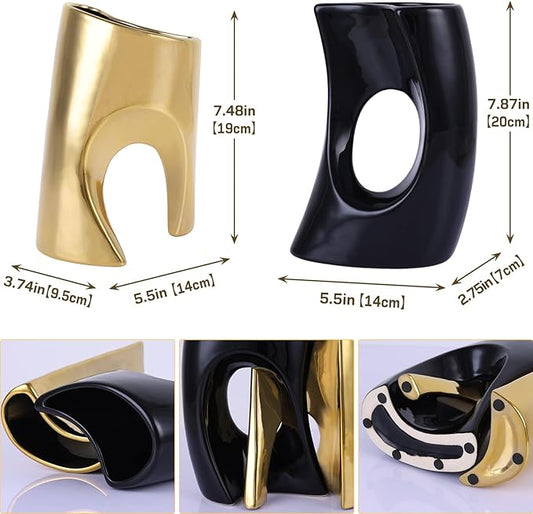 Black and Gold Vase Set of 2, Nordic Modern Ins Style Vases, Boho Ceramic Vases for Centerpieces, Mid Century Abstract Donut Vase, Unique Funky Vase for Wedding, Decorative Pampas Grass Vase Decor