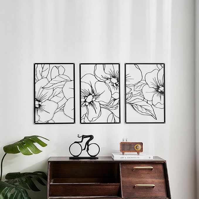 FUNTEREST 3 Pieces Black Metal Wall Art Decor Modern Minimalist Floral Single Line Living Room Wall Decor Abstract Wall Hanging Decor for Kitchen Office Bedroom Bathroom (Floral A)