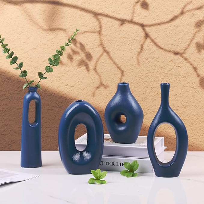 Blue Ceramic Vase Set - Round Hollow Vases for Pampas Grass & Flowers - Modern Minimalist Centerpieces for Living Room, Entryway & Dining Table, Navy Blue Color