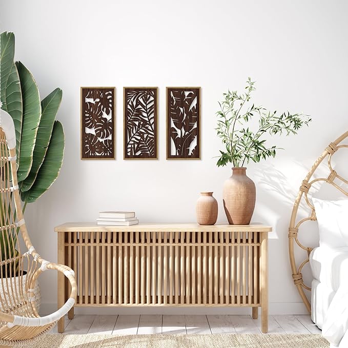 HPNIUB 3PCS Tropical Wall Decor, Rustic Palm Leaf Wooden Sign for Bathroom, Vintage Leaf Plant Hanging Wood Plaque Wall Art Nature Picture for Home Office Living Room Decoration(8x16Inch)