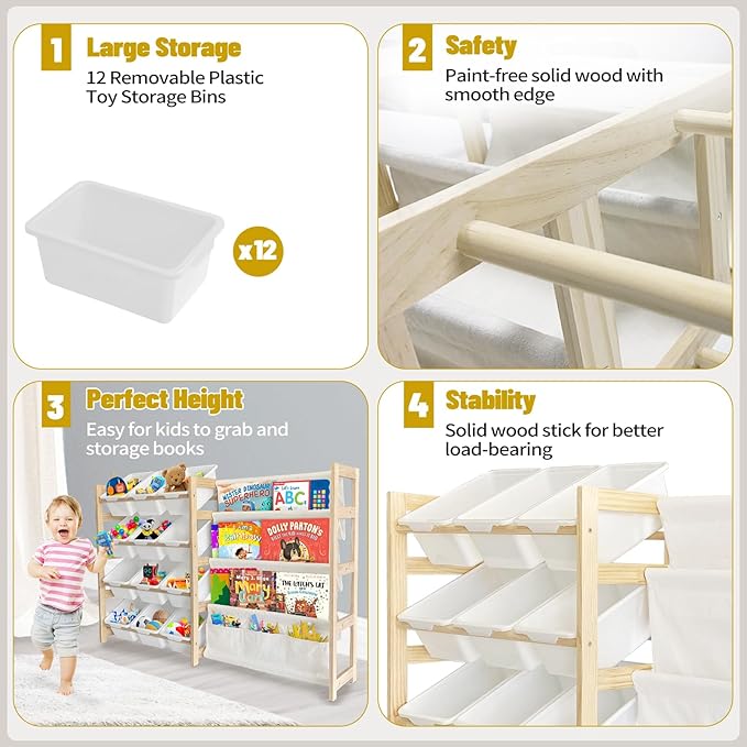 Toy Storage Organizer with Bookshelf - 12 Storage Bins 4-Tier Multipurpose Shelf to Organize Toys and Books for Kids Room, Playroom, Nursery Room, White