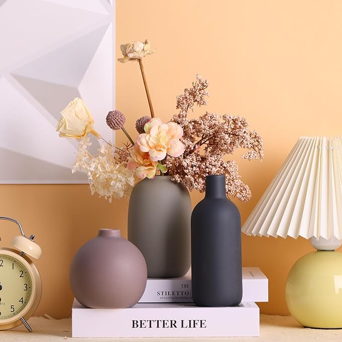 Brown Ceramic Vase Set,Small Vases Home Decor,Fall Décor Modern Farmhouse Vases for Home Decor, Organic Decor Accents for Living Room,Table,Shelf,Entryway,Pottery Vase Set of 3 (Multicolor)