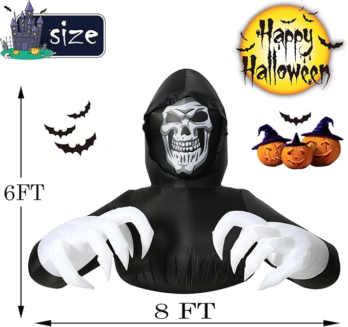 8FT Width Inflatables Grim Reaper Outdoor Halloween Decoration Blow Up for Yard Decorations, Garden, Lawn Black