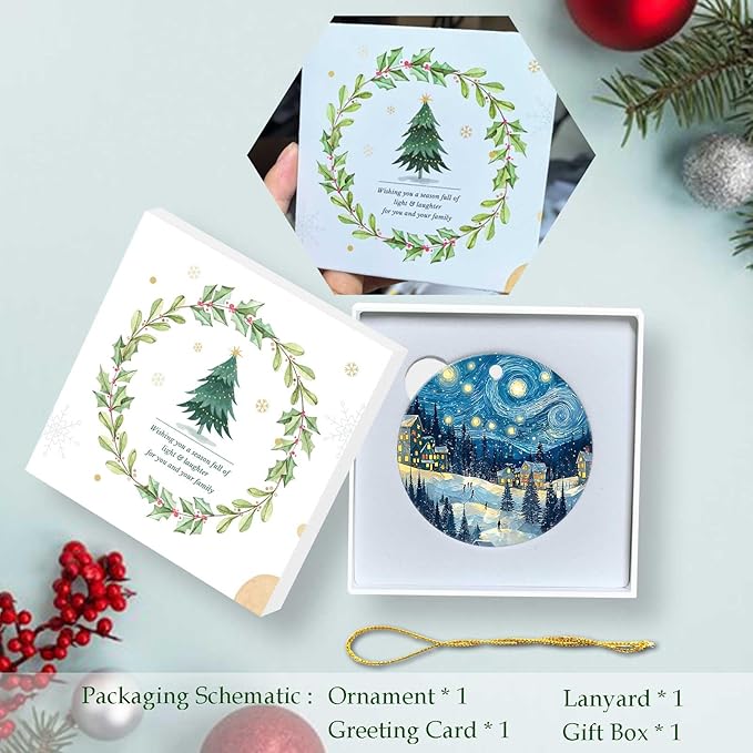 Happy Winter Holiday Ornaments Snow Village Round Ceramic Colorful Hanging Ornament Christmas Keepsake Decor for Xmas Tree Winter Holiday Xmas Gift for Women Men 3"